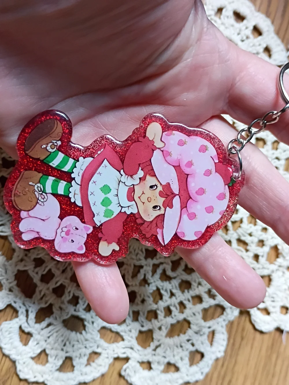 Pink Strawberry Girl Glitter Keychain Card Holder